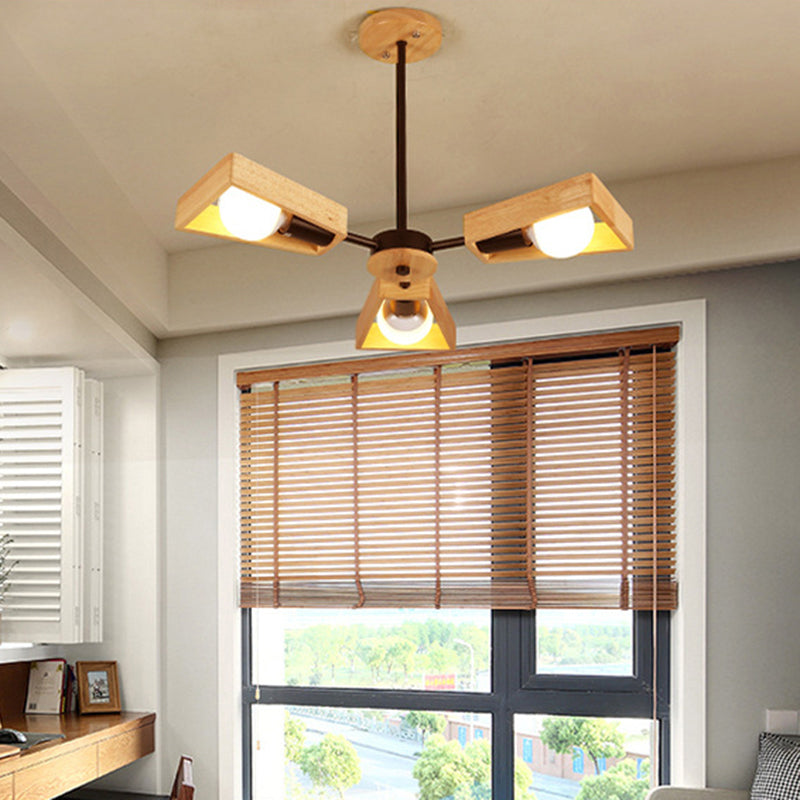 Trapezoid Frame Living Room Suspension Light Wood Minimalist Chandelier Lighting Fixture 3 Black Clearhalo 'Carpenter Chandeliers' 'Ceiling Lights' 'Chandeliers' 'Industrial' 'Modern Chandeliers' 'Modern' Lighting' 2228860