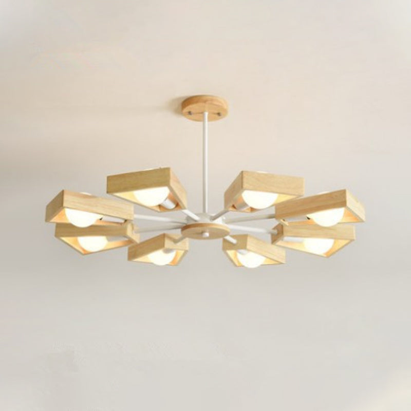 Trapezoid Frame Living Room Suspension Light Wood Minimalist Chandelier Lighting Fixture 8 White Clearhalo 'Carpenter Chandeliers' 'Ceiling Lights' 'Chandeliers' 'Industrial' 'Modern Chandeliers' 'Modern' Lighting' 2228861