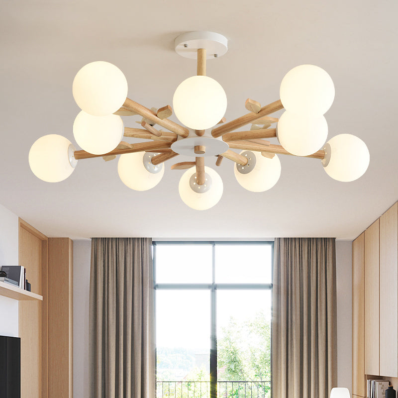 Modern Style Globe Chandelier Light Opal Glass Living Room Pendant Light Fixture in Wood 10 Wood Clearhalo 'Carpenter Chandeliers' 'Ceiling Lights' 'Chandeliers' 'Industrial' 'Modern Chandeliers' 'Modern' Lighting' 2228891