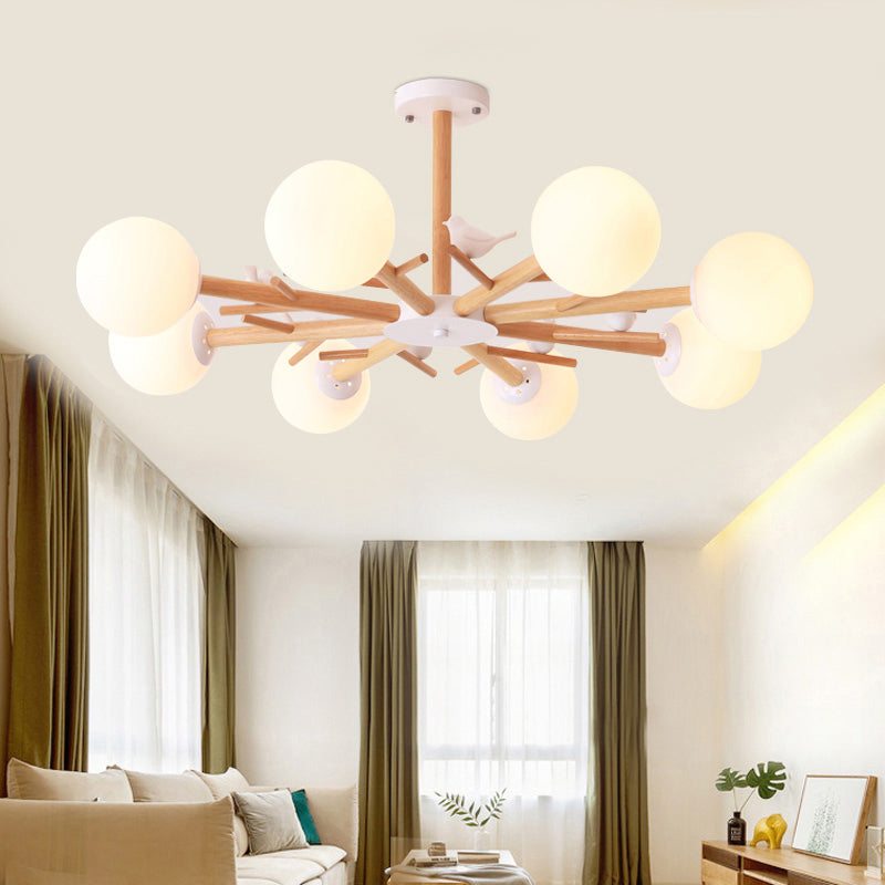Tree Branch Living Room Chandelier Pendant Light Wood Simplicity Hanging Light with Sphere Cream Glass Shade 8 Wood Clearhalo 'Carpenter Chandeliers' 'Ceiling Lights' 'Chandeliers' 'Industrial' 'Modern Chandeliers' 'Modern' Lighting' 2228913