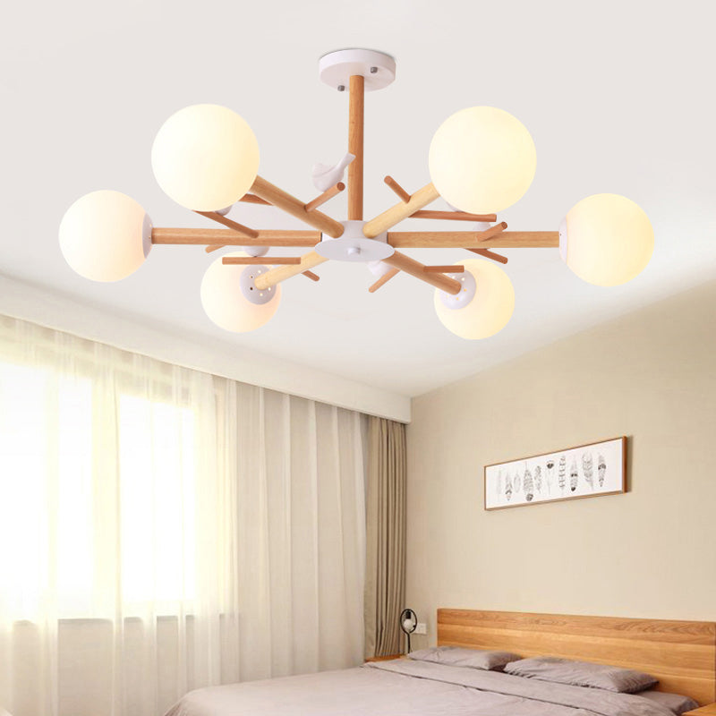 Tree Branch Living Room Chandelier Pendant Light Wood Simplicity Hanging Light with Sphere Cream Glass Shade 6 Wood Clearhalo 'Carpenter Chandeliers' 'Ceiling Lights' 'Chandeliers' 'Industrial' 'Modern Chandeliers' 'Modern' Lighting' 2228914