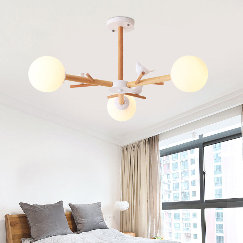 Tree Branch Living Room Chandelier Pendant Light Wood Simplicity Hanging Light with Sphere Cream Glass Shade 3 Wood Clearhalo 'Carpenter Chandeliers' 'Ceiling Lights' 'Chandeliers' 'Industrial' 'Modern Chandeliers' 'Modern' Lighting' 2228915