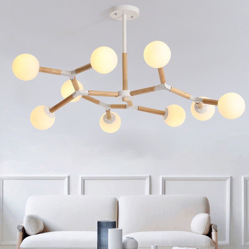 Nordic Ball Suspension Light Handblown Glass Dining Room Chandelier Light in Wood 9 Wood Clearhalo 'Carpenter Chandeliers' 'Ceiling Lights' 'Chandeliers' 'Industrial' 'Modern Chandeliers' 'Modern' Lighting' 2228923