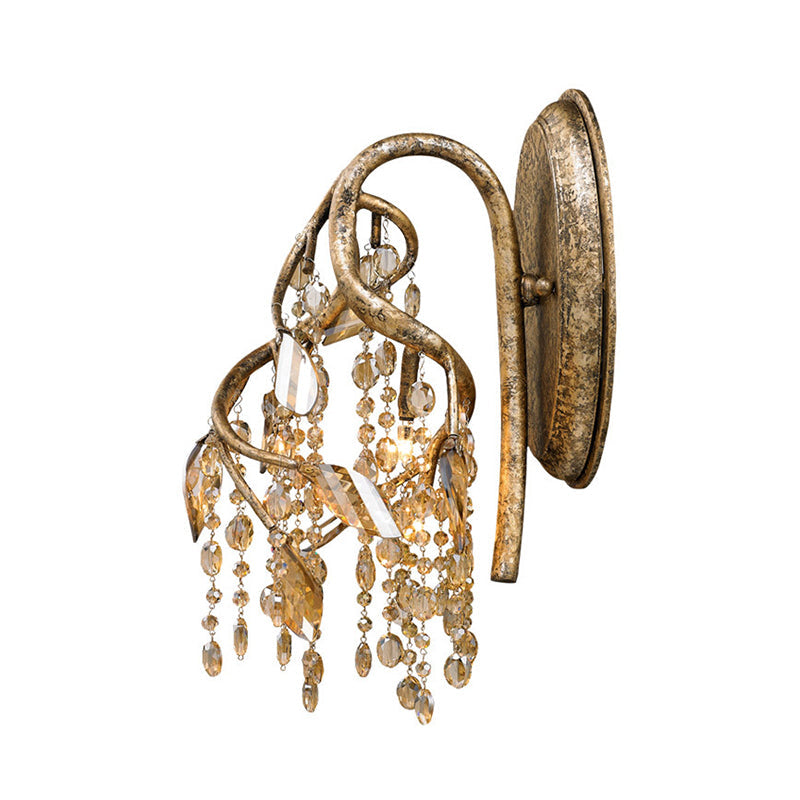 Branching Wall Mount Lighting Vintage Metal 1 Bulb Brass Finish Sconce Light with Amber Crystal Bead Accent Clearhalo 'Modern wall lights' 'Modern' 'Wall Lamps & Sconces' 'Wall Lights' Lighting' 223004