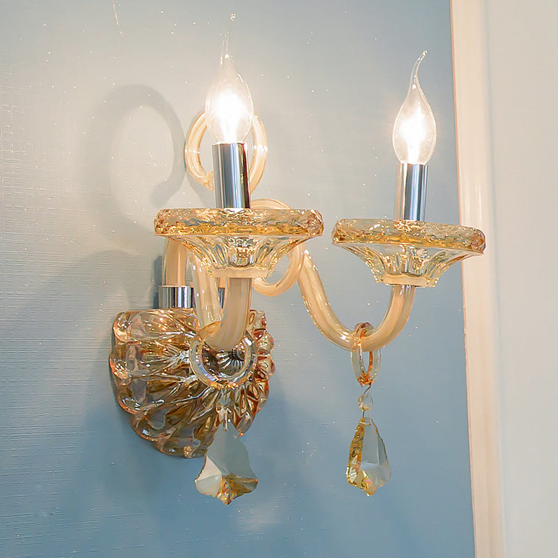 Bare Bulb Wall Sconce Vintage Stylish Amber Crystal 2 Heads Chrome Finish Wall Lighting for Corridor Clearhalo 'Modern wall lights' 'Modern' 'Wall Lamps & Sconces' 'Wall Lights' Lighting' 223014