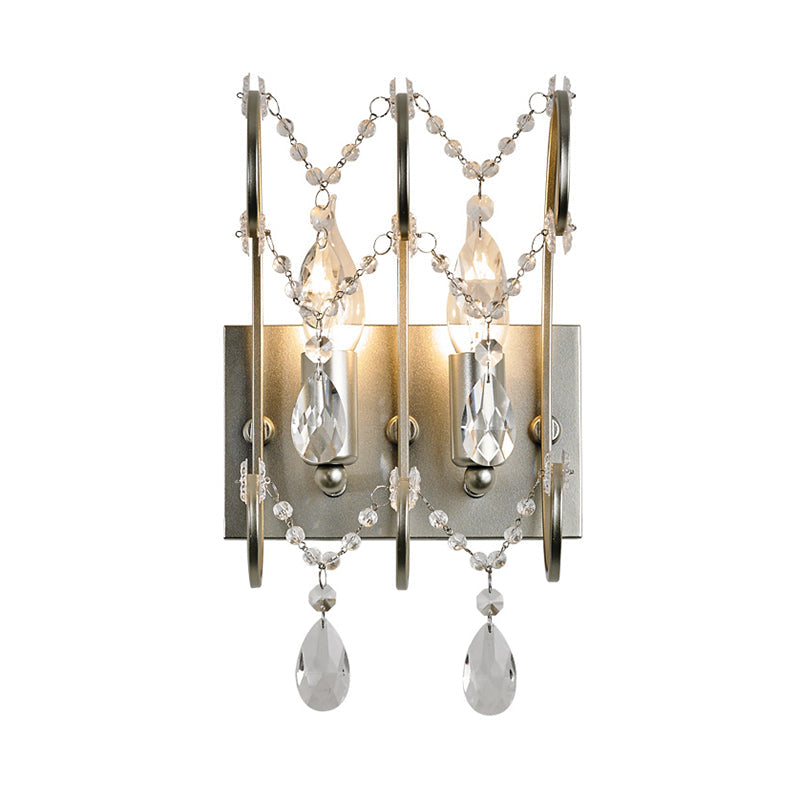 Exposed Sconce Lighting Vintage Metallic 2 Bulbs Chrome Wall Mount Light with Clear Crystal Bead Deco for Living Room Clearhalo 'Modern wall lights' 'Modern' 'Wall Lamps & Sconces' 'Wall Lights' Lighting' 223046