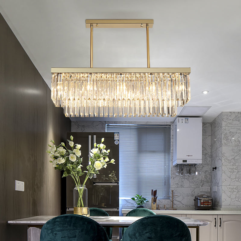 Rectangle Hanging Lamp Kit Contemporary Clear/Amber Crystal Block 8 Lights Dining Room Island Lamp, 31.5"/39" W Clear 31.5" Clearhalo 'Ceiling Lights' 'Island Lights' Lighting' 223130