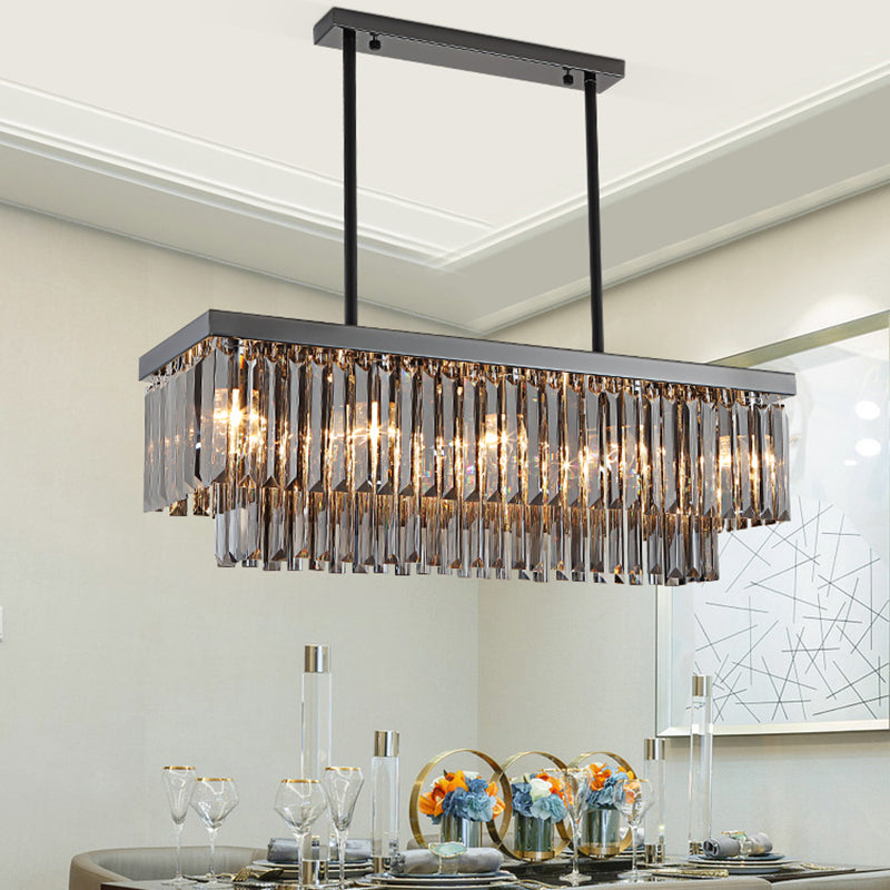 Rectangle Smoke Gray Crystal Block Island Lamp Modern 10 Lights Black Hanging Chandelier, 31.5"/39" Wide Clearhalo 'Ceiling Lights' 'Island Lights' Lighting' 223134