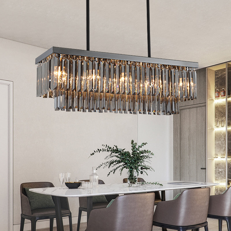 Rectangle Smoke Gray Crystal Block Island Lamp Modern 10 Lights Black Hanging Chandelier, 31.5"/39" Wide Clearhalo 'Ceiling Lights' 'Island Lights' Lighting' 223135