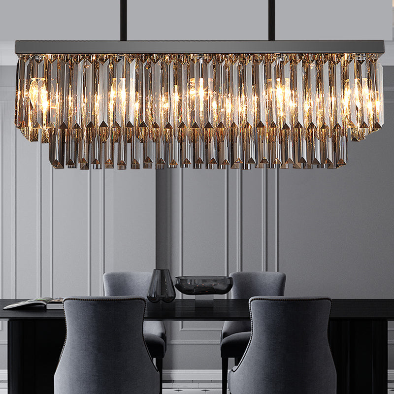 Rectangle Smoke Gray Crystal Block Island Lamp Modern 10 Lights Black Hanging Chandelier, 31.5"/39" Wide Clearhalo 'Ceiling Lights' 'Island Lights' Lighting' 223136
