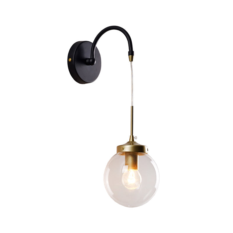 1-Light Clear Glass Wall Sconce Traditional Black Globe Shade Dining Room Sconce Light with Arched Arm Clearhalo 'Wall Lamps & Sconces' 'Wall Lights' Lighting' 223379