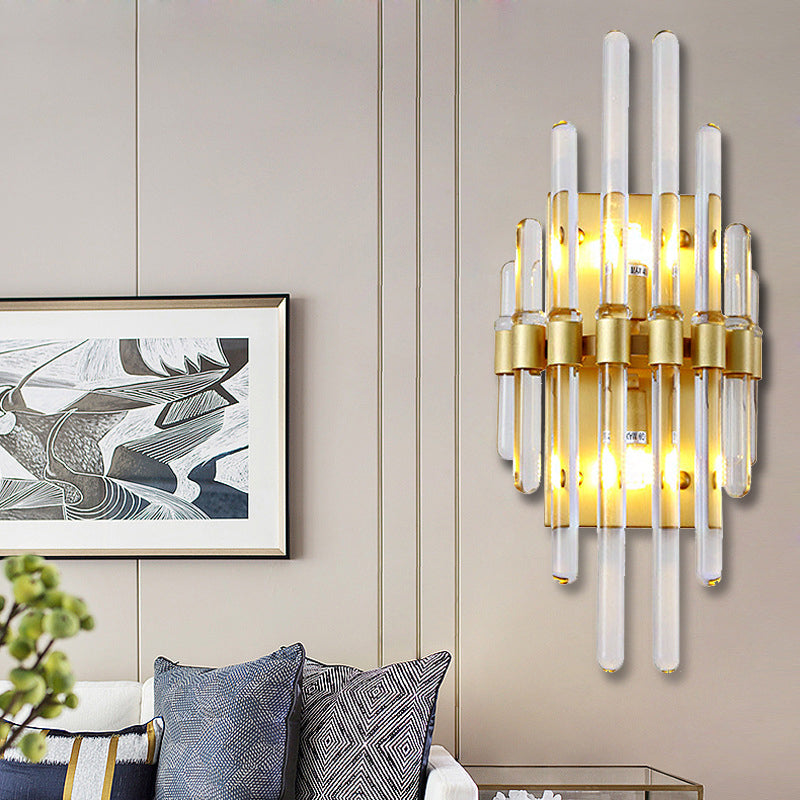 Clear Crystal Tube Wall Lighting Contemporary 2 Lights Wall Mounted Light in Brass for Living Room Clearhalo 'Cast Iron' 'Glass' 'Industrial' 'Modern wall lights' 'Modern' 'Tiffany' 'Traditional wall lights' 'Wall Lamps & Sconces' 'Wall Lights' Lighting' 223393