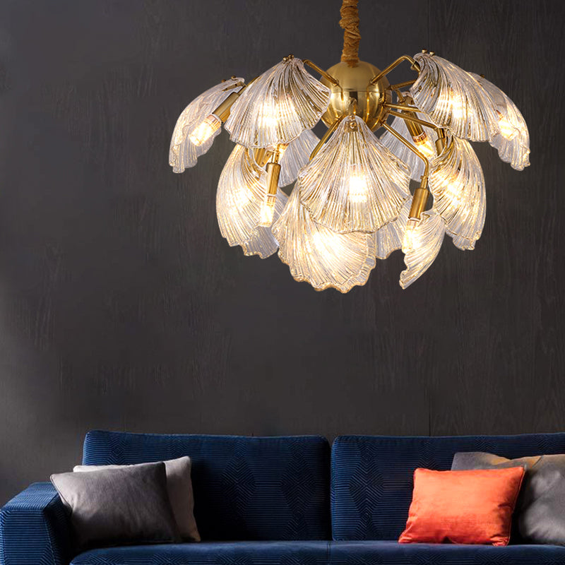 Shell Shape Chandelier Light Modernism Prism Glass 13/15 Lights Brass Ceiling Light, 23.5"/27" Wide Clearhalo 'Ceiling Lights' 'Chandeliers' 'Modern Chandeliers' 'Modern' Lighting' 223520