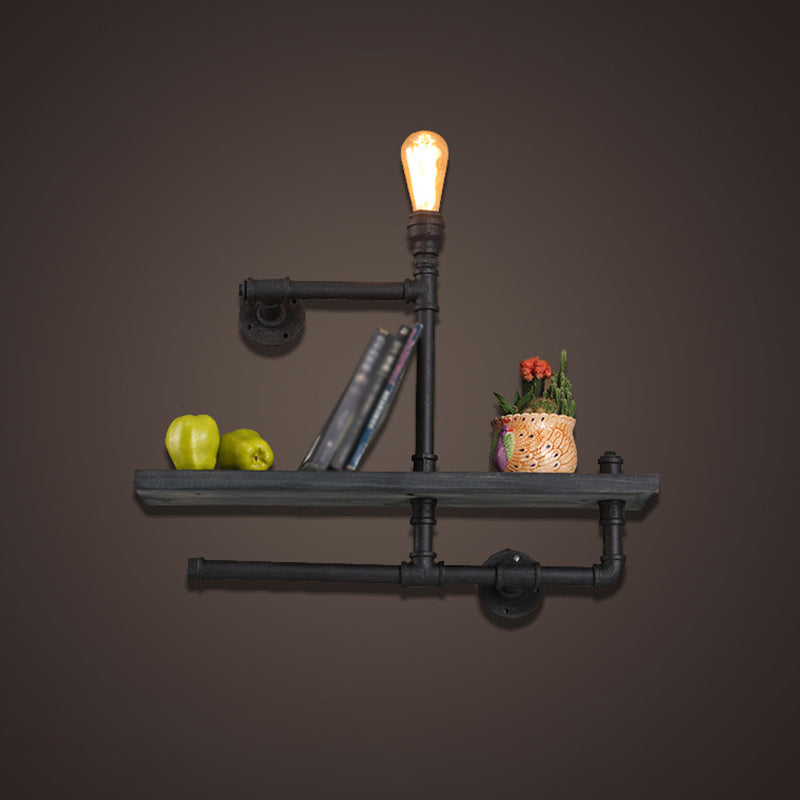 Water Pipe Shelf Iron Wall Lamp Rustic Style Restaurant Wall Light Fixture in Black Black Small Clearhalo 'Art deco wall lights' 'Cast Iron' 'Glass' 'Industrial wall lights' 'Industrial' 'Middle century wall lights' 'Modern' 'Rustic wall lights' 'Tiffany' 'Traditional wall lights' 'Wall Lamps & Sconces' 'Wall Lights' Lighting' 2235489