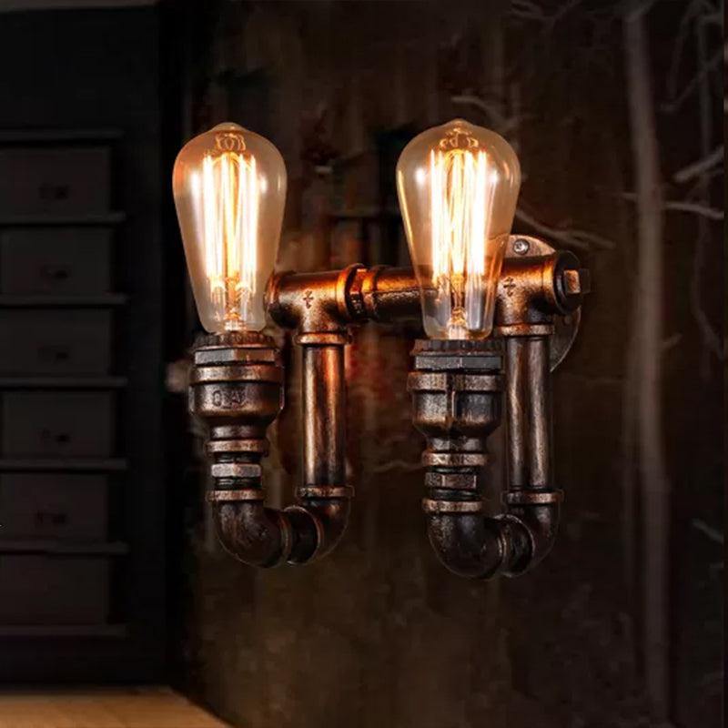 Water Pipe Iron Wall Light Fixture Vintage 2 Bulbs Restaurant Wall Mounted Lamp in Rust Clearhalo 'Art deco wall lights' 'Cast Iron' 'Glass' 'Industrial wall lights' 'Industrial' 'Middle century wall lights' 'Modern' 'Rustic wall lights' 'Tiffany' 'Traditional wall lights' 'Wall Lamps & Sconces' 'Wall Lights' Lighting' 2235562