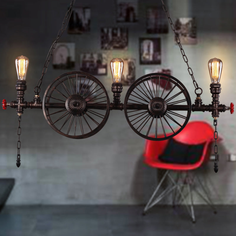Wagon Wheel Metallic Pendant Light Antique 3 Heads Restaurant Hanging Island Light with Decorative Valve Clearhalo 'Ceiling Lights' 'Island Lights' Lighting' 2235641
