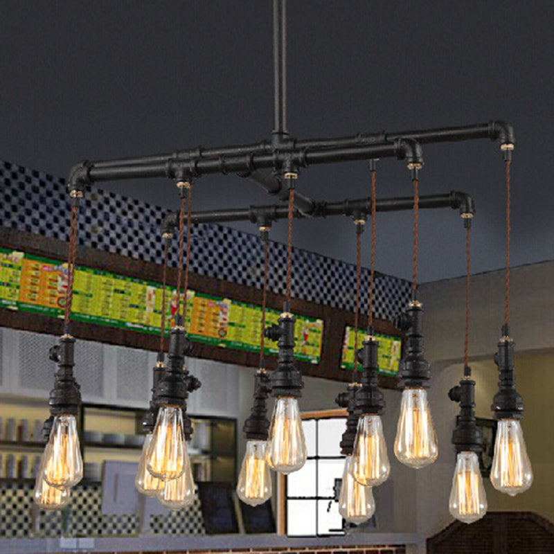 Industrial Plumbing Pipe LED Hanging Lamp Iron Island Chandelier Light in Black for Restaurant Clearhalo 'Ceiling Lights' 'Island Lights' Lighting' 2235643
