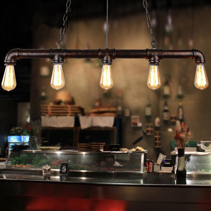 5 Heads Hanging Light Vintage Linear Pipe Iron Island Ceiling Light for Restaurant Clearhalo 'Ceiling Lights' 'Island Lights' Lighting' 2235651