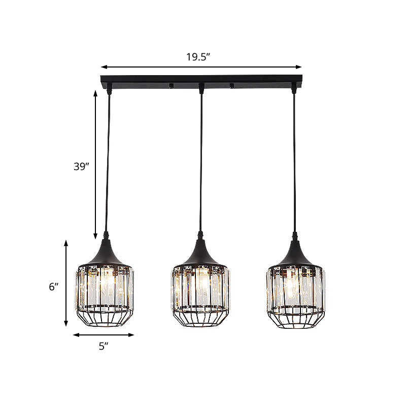 3 Light Dining Room Cluster Pendant Nordic Black Hanging Ceiling Light with Bottle/Cylinder/Urn Metal and Crystal Shade Clearhalo 'Ceiling Lights' 'Modern Pendants' 'Modern' 'Pendant Lights' 'Pendants' Lighting' 223569