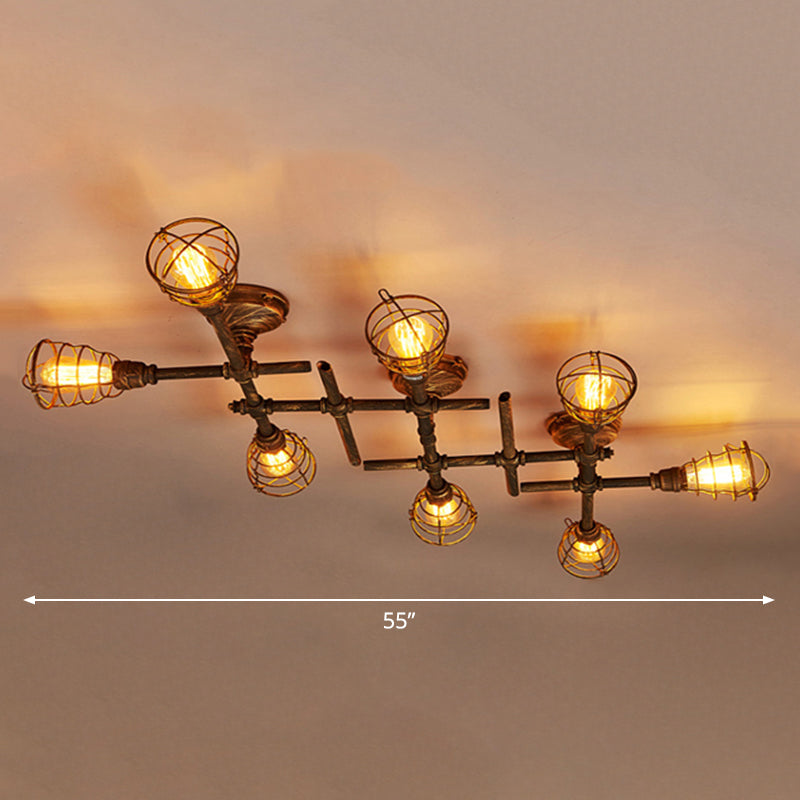 Iron Twisted Pipe Semi Flush Vintage Coffee Shop Flush Ceiling Light Fixture with Cage in Bronze 8 Bronze Clearhalo 'Ceiling Lights' 'Close To Ceiling Lights' 'Close to ceiling' 'Semi-flushmount' Lighting' 2235709