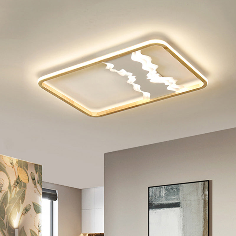Wood Rectangle Flush Ceiling Light Chinese Bedroom LED Flush Mount Lighting Fixture with Mountain Decor White Remote Control Stepless Dimming Clearhalo 'Ceiling Lights' 'Close To Ceiling Lights' 'Close to ceiling' 'Flush mount' Lighting' 2235839