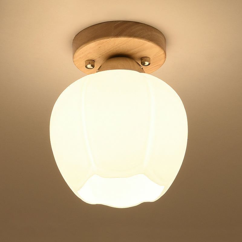 Shaded Entryway Flush Mount Lighting White Glass Nordic LED Flush Ceiling Light Fixture with Wooden Canopy White B Clearhalo 'Ceiling Lights' 'Close To Ceiling Lights' 'Close to ceiling' 'Flush mount' Lighting' 2235897