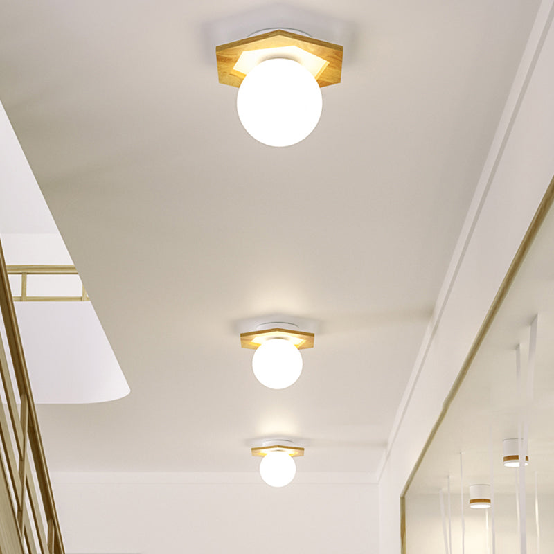 Modern Geometric Flush Mount Frosted White Glass 1-Light Corridor Flushmount Ceiling Light with Wooden Canopy Clearhalo 'Ceiling Lights' 'Close To Ceiling Lights' 'Close to ceiling' 'Flush mount' Lighting' 2235934