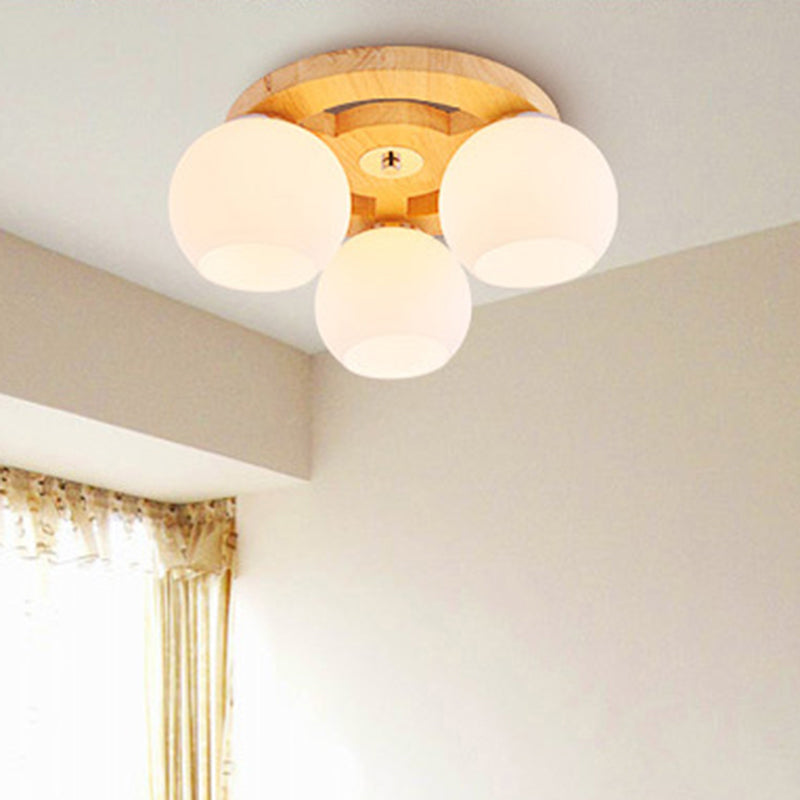 White Glass Globe Flush Mount Light Simplicity Flush Mount Ceiling Light with Wooden Canopy Clearhalo 'Ceiling Lights' 'Close To Ceiling Lights' 'Close to ceiling' 'Flush mount' Lighting' 2235951