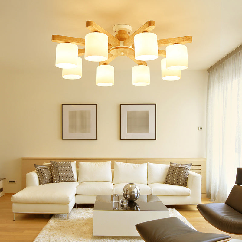 Cylinder Semi Flush Japanese Cream Glass Living Room Ceiling Mount Chandelier in Wood Clearhalo 'Ceiling Lights' 'Close To Ceiling Lights' 'Close to ceiling' 'Semi-flushmount' Lighting' 2235971
