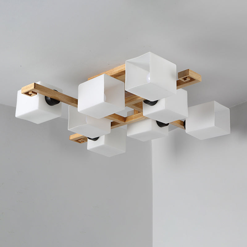Nordic Style Rectangular Flush Mount Light White Glass Living Room Semi Flush Chandelier with Wood Canopy Clearhalo 'Ceiling Lights' 'Close To Ceiling Lights' 'Close to ceiling' 'Glass shade' 'Glass' 'Pendant Lights' 'Semi-flushmount' Lighting' 2235986