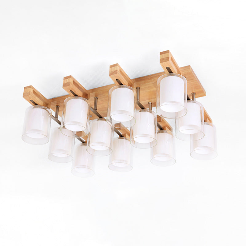 Cylindrical Living Room Semi Flush Light Double-Layer Glass Simplicity Flush Mount Ceiling Chandelier in Wood Clearhalo 'Ceiling Lights' 'Close To Ceiling Lights' 'Close to ceiling' 'Glass shade' 'Glass' 'Semi-flushmount' Lighting' 2236013