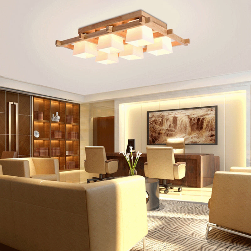Nordic Style Trapezoid Flush Mount Opal Glass Living Room Flush Mount Fixture in Wood 6 Wood Clearhalo 'Ceiling Lights' 'Close To Ceiling Lights' 'Close to ceiling' 'Flush mount' Lighting' 2236018