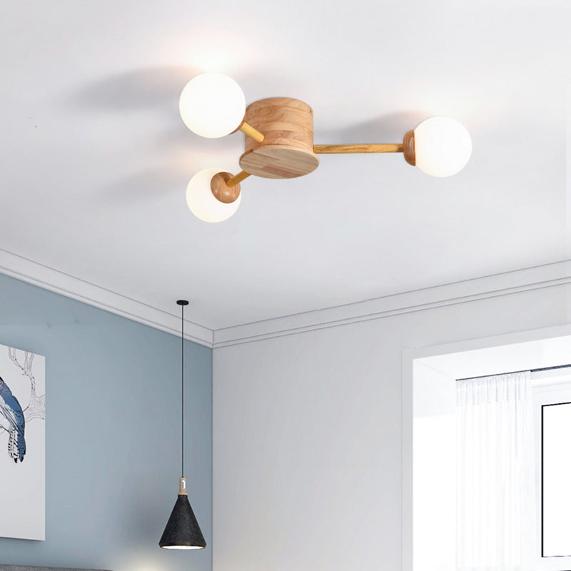 Bubble Semi Flush Minimalist Frosted Glass Bedroom Ceiling Mount Chandelier in Wood Clearhalo 'Ceiling Lights' 'Close To Ceiling Lights' 'Close to ceiling' 'Semi-flushmount' Lighting' 2236053