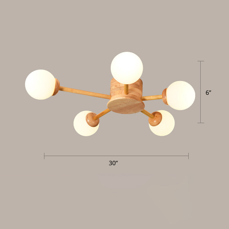 Bubble Semi Flush Minimalist Frosted Glass Bedroom Ceiling Mount Chandelier in Wood 5 Wood Clearhalo 'Ceiling Lights' 'Close To Ceiling Lights' 'Close to ceiling' 'Semi-flushmount' Lighting' 2236056