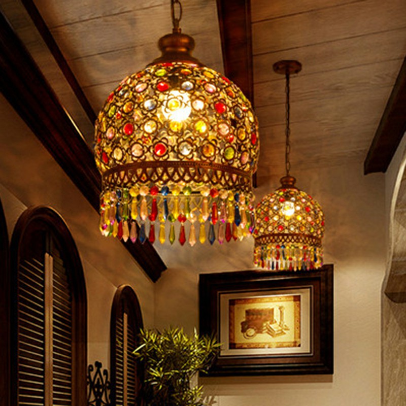 Bohemian Dome Ceiling Light 3 Bulbs Iron Hanging Pendant Light with Crystal Draping for Living Room Bronze Clearhalo 'Ceiling Lights' 'Pendant Lights' 'Pendants' Lighting' 2236066_be2ebe3d-9886-4461-810d-24c13ab8681f