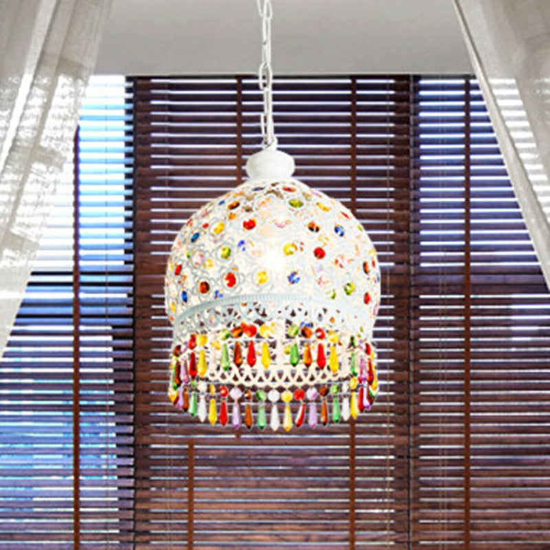 Bohemian Dome Ceiling Light 3 Bulbs Iron Hanging Pendant Light with Crystal Draping for Living Room White Clearhalo 'Ceiling Lights' 'Pendant Lights' 'Pendants' Lighting' 2236068_d32d0b5d-5e1f-45dd-80a9-adcf188b5972