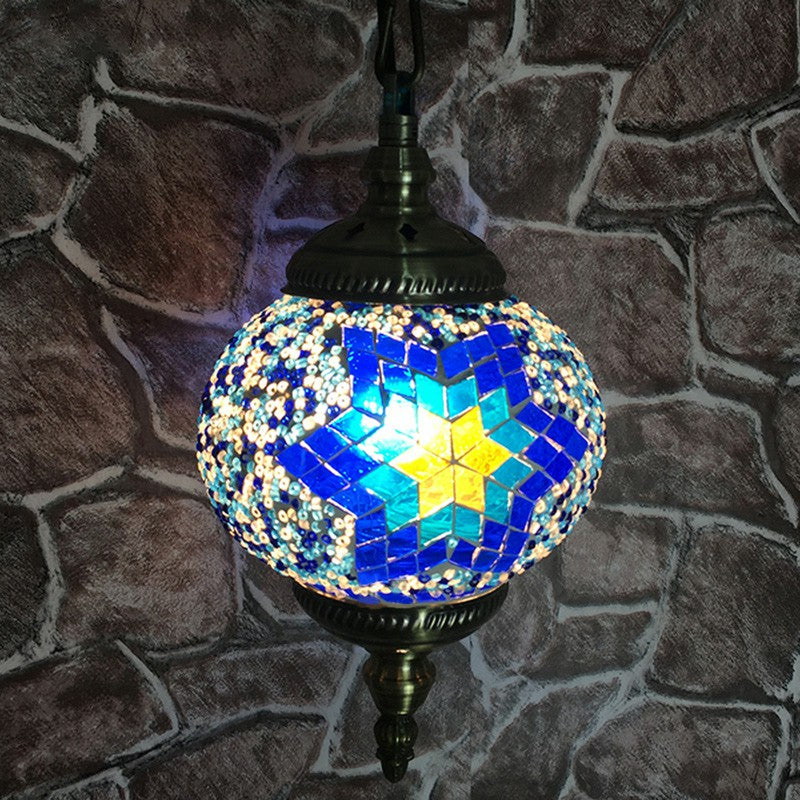 Oblate Stained Glass Ceiling Light Classic 1 Bulb Restaurant Hanging Pendant Light Royal Blue-White Clearhalo 'Ceiling Lights' 'Lighting' 'Pendant Lights' 2236138_bce85b0d-422c-4de4-b4c2-ab2a767cf2f6