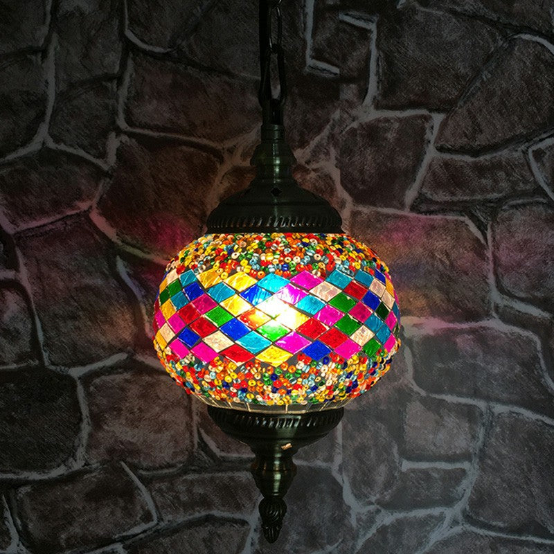 Oblate Stained Glass Ceiling Light Classic 1 Bulb Restaurant Hanging Pendant Light Green-Pink Clearhalo 'Ceiling Lights' 'Lighting' 'Pendant Lights' 2236140_cc59c1f8-16b7-4c71-a504-f127f25ef5ef