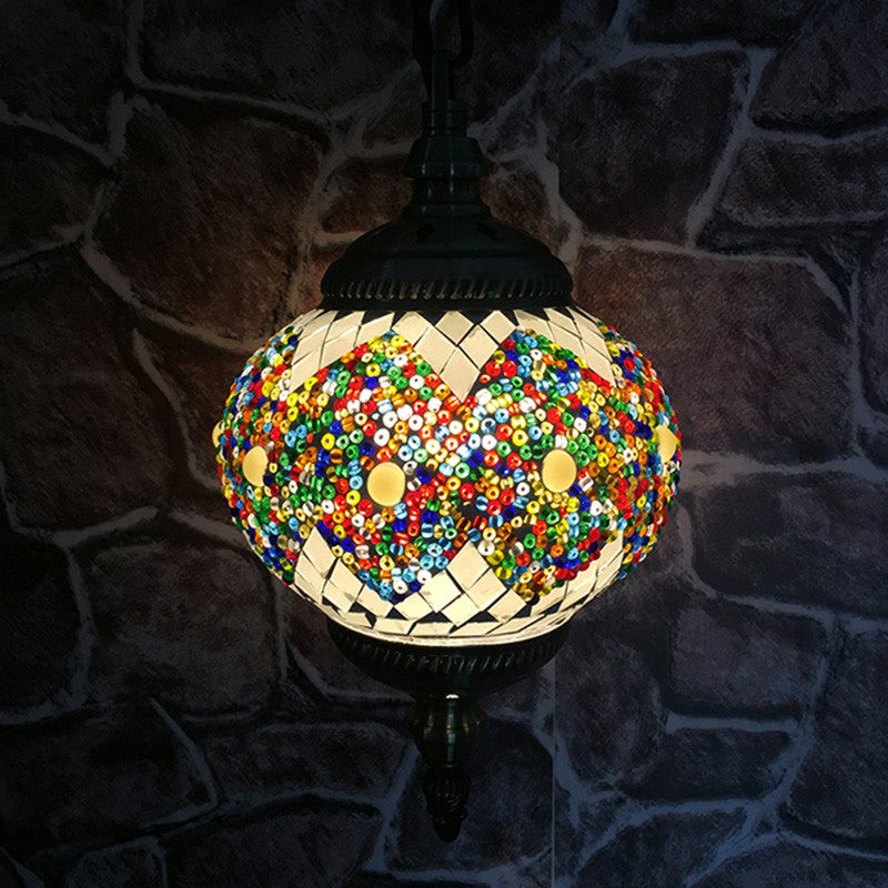 Oblate Stained Glass Ceiling Light Classic 1 Bulb Restaurant Hanging Pendant Light Beige Clearhalo 'Ceiling Lights' 'Lighting' 'Pendant Lights' 2236147_f6fe1cc7-d77e-4a92-a1b4-10ddb454d393
