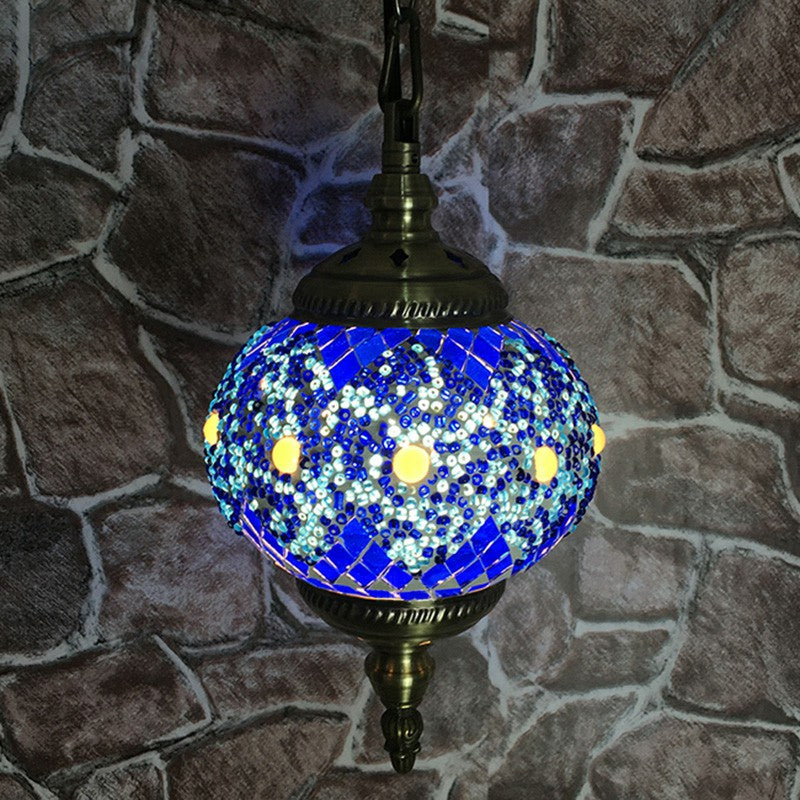 Oblate Stained Glass Ceiling Light Classic 1 Bulb Restaurant Hanging Pendant Light Dark Blue Clearhalo 'Ceiling Lights' 'Lighting' 'Pendant Lights' 2236149_47e5aaf0-0cd6-4187-add6-9a7b1871e90c