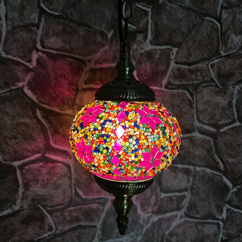 Oblate Stained Glass Ceiling Light Classic 1 Bulb Restaurant Hanging Pendant Light Pink Clearhalo 'Ceiling Lights' 'Lighting' 'Pendant Lights' 2236151_80ed4ef6-ef5c-4f2c-8775-5b92674da939