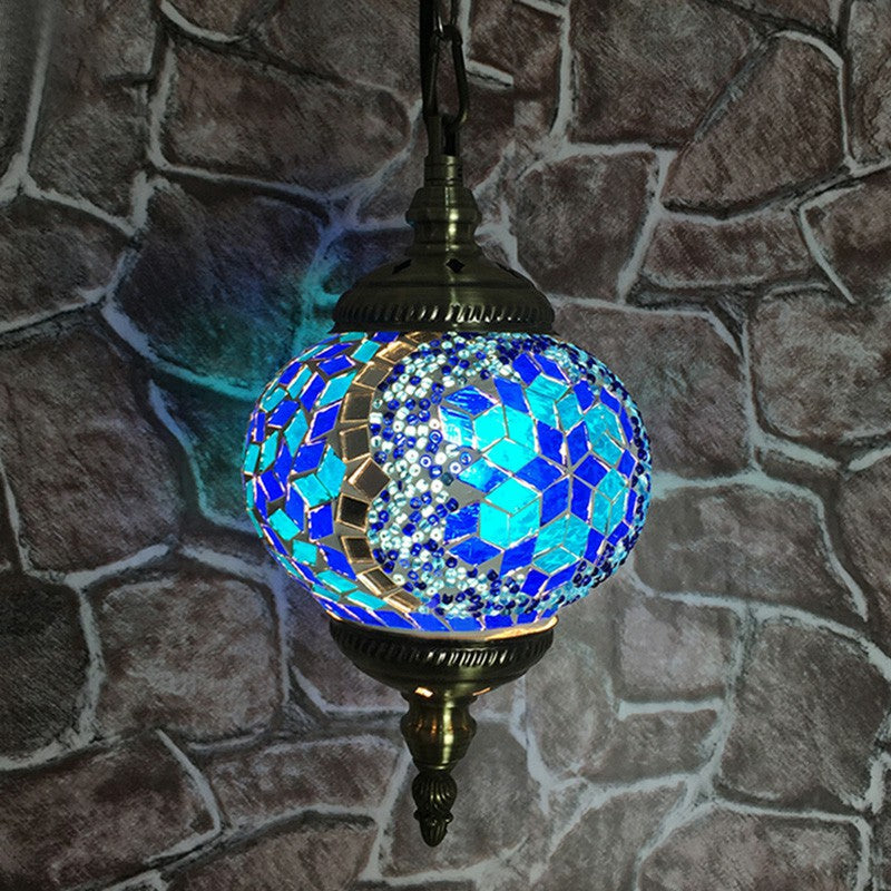 Oblate Stained Glass Ceiling Light Classic 1��Bulb Restaurant Hanging Pendant Light Blue Clearhalo 'Ceiling Lights' 'Close To Ceiling Lights' 'Glass shade' 'Glass' 'Pendant Lights' 'Pendants' Lighting' 2236152