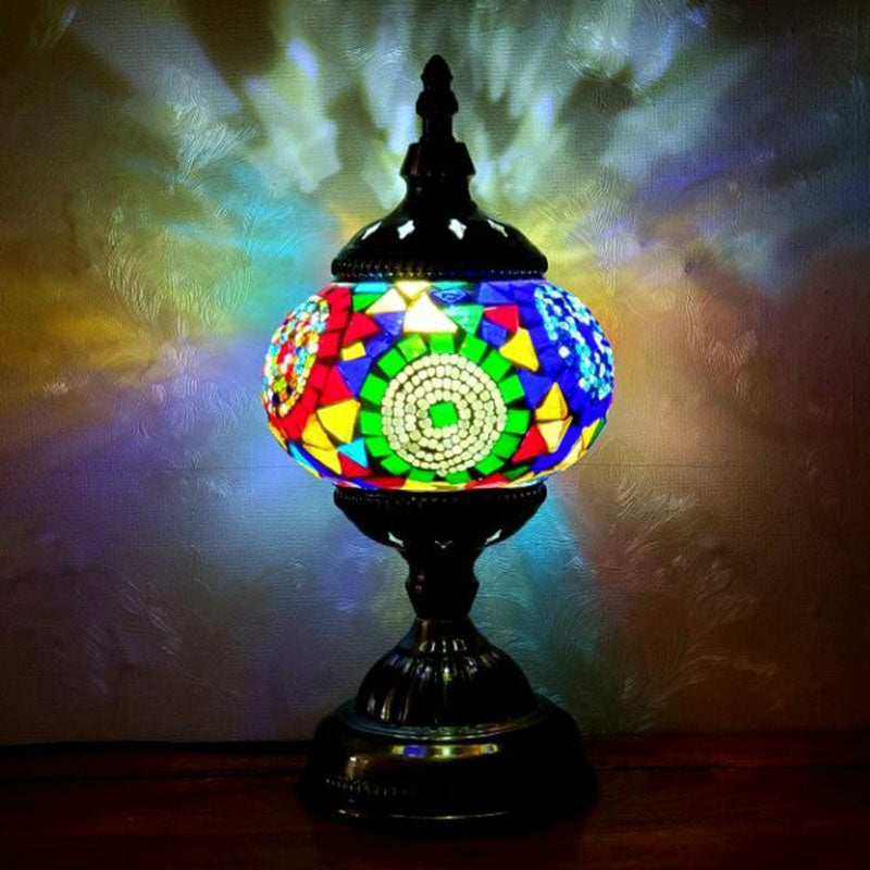 Turkish Oblate Nightstand Lamp Single-Bulb Stained Glass Table Light for Restaurant Dark Red Clearhalo 'Lamps' 'Table Lamps' Lighting' 2236309