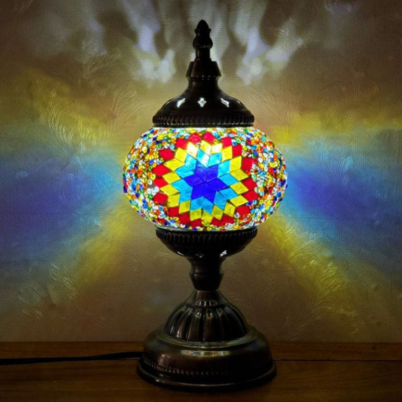 Turkish Oblate Nightstand Lamp Single-Bulb Stained Glass Table Light for Restaurant Blue-Brown Clearhalo 'Lamps' 'Table Lamps' Lighting' 2236314