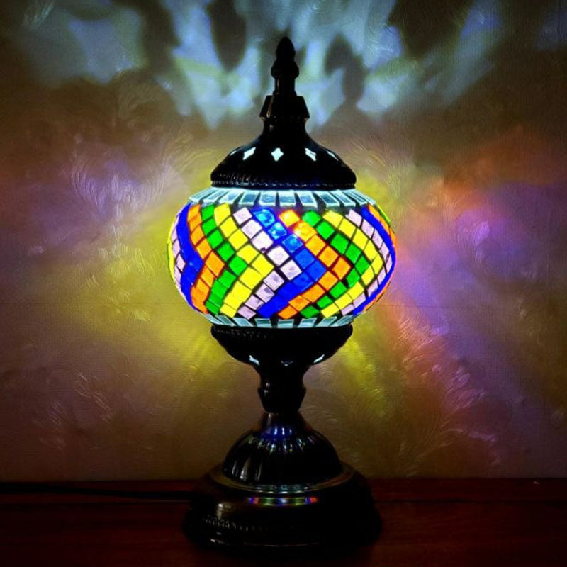 Turkish Oblate Nightstand Lamp Single-Bulb Stained Glass Table Light for Restaurant Red Brown Clearhalo 'Lamps' 'Table Lamps' Lighting' 2236315