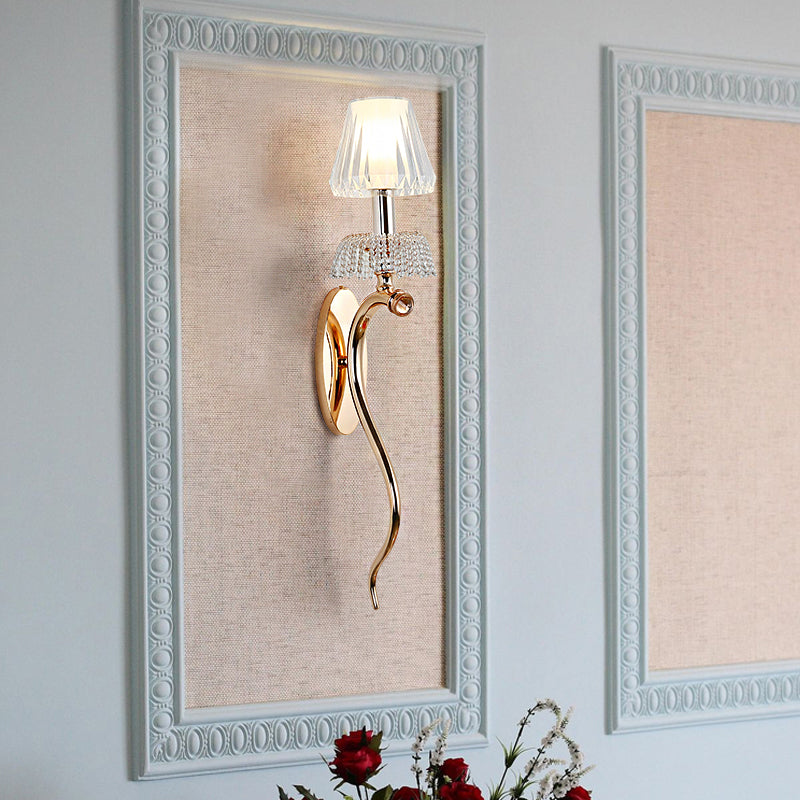 Cone Bedroom Wall Sconce Light Traditional Clear Crystal 1 Light Gold Wall Lamp with Metal Curvy Arm Clearhalo 'Wall Lamps & Sconces' 'Wall Lights' Lighting' 223781