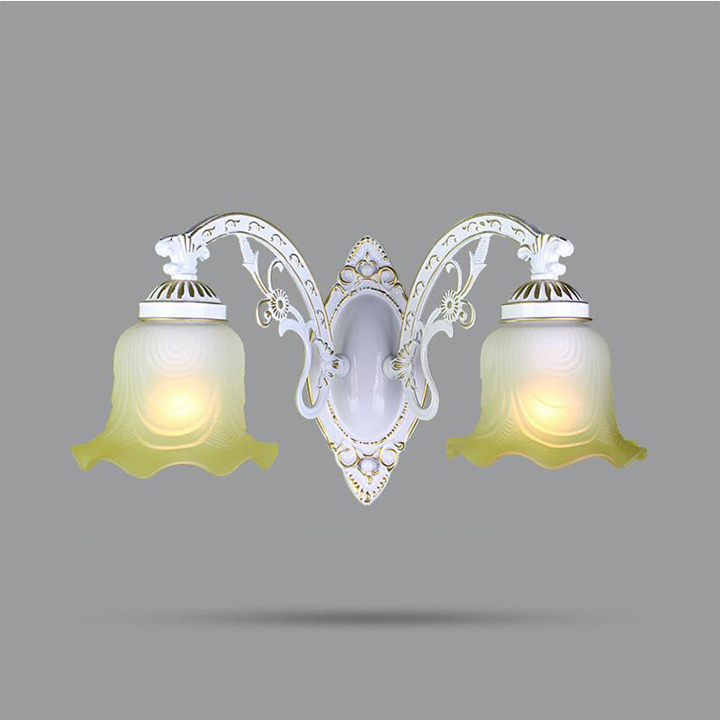Black/White Scalloped Sconce Light Retro Frosted Glass Shade 1/2-Light Dining Room Wall Lamp with Curved Arm 2.0 White Clearhalo 'Wall Lamps & Sconces' 'Wall Lights' Lighting' 223847