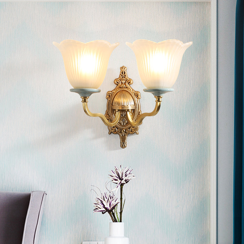 Milk Glass Brass Wall Lamp Carved Blossom 1/2-Light Vintage Wall Light Sconce with Wavy Arm for Porch 2.0 Brass Clearhalo 'Wall Lamps & Sconces' 'Wall Lights' Lighting' 223910