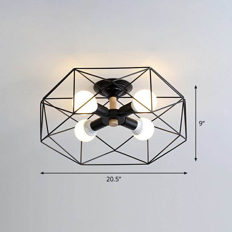 Industrial Fan Cage Semi Flush Mount Iron Flushmount Ceiling Light for Living Room 4 Black Clearhalo 'Ceiling Lights' 'Close To Ceiling Lights' 'Close to ceiling' 'Semi-flushmount' Lighting' 2241284