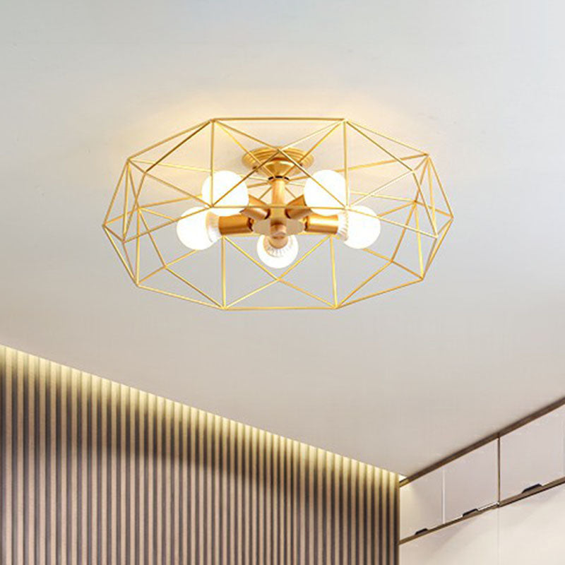 Industrial Fan Cage Semi Flush Mount Iron Flushmount Ceiling Light for Living Room 5 Gold Clearhalo 'Ceiling Lights' 'Close To Ceiling Lights' 'Close to ceiling' 'Semi-flushmount' Lighting' 2241288